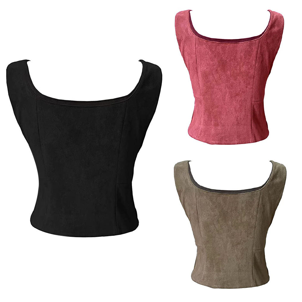 Three sleeveless suede tops are displayed: one black, one pink, and one brown. Each has a square neckline and appears to have a fitted cut.