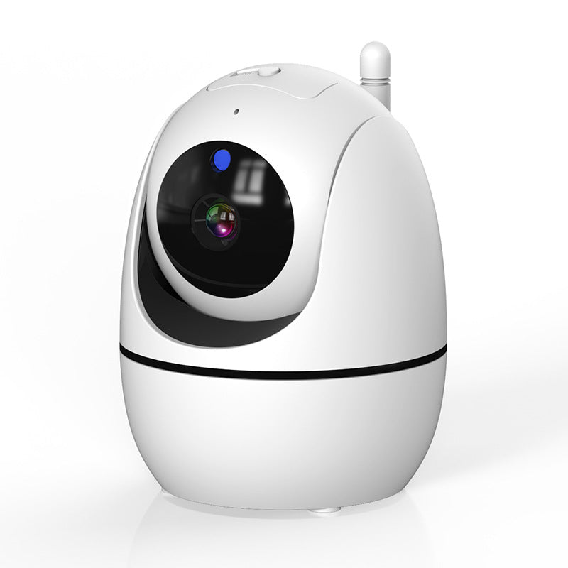 White, oval-shaped security camera with a black lens area and multicolored lens reflections, featuring an antenna on top, placed against a plain white background.