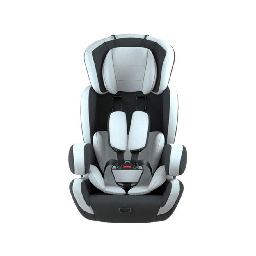 Gray and black child car seat with a five-point harness, head and side supports, and padded armrests. Suitable for toddlers, providing safety and comfort.