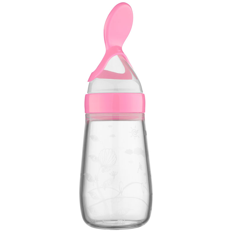 Clear baby bottle with pink cap and attached spoon, featuring sea-themed designs.