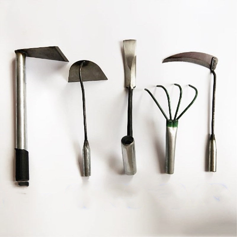 Five metal gardening tools with wooden handles are arranged on a white background, including a hoe, a rake, and a sickle.