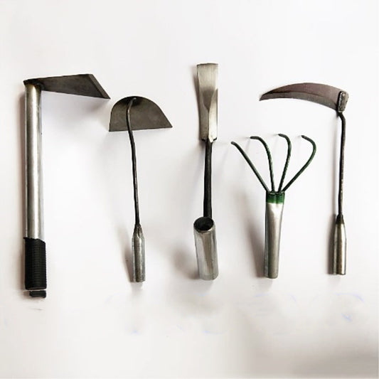 Five metal gardening tools with wooden handles are arranged on a white background, including a hoe, a rake, and a sickle.
