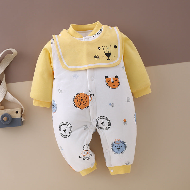 Yellow and white baby romper with animal prints, including lions and tigers, and an attached bib with a cute animal face. Background shows part of a wooden toy.