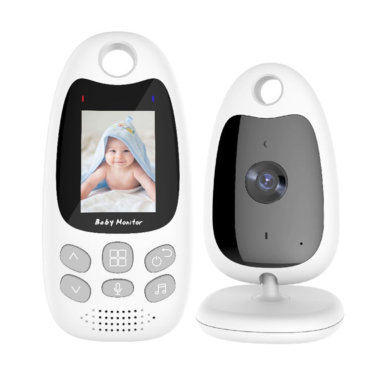 White baby monitor set with a screen showing a baby wrapped in a blue towel. The monitor features buttons and speaker holes. The camera unit stands beside it.