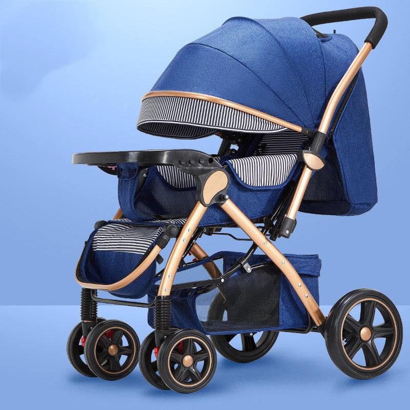Blue baby stroller with a bronze frame, featuring a canopy, black handles, and four wheels with black spokes. The seat and canopy have white and navy stripes.