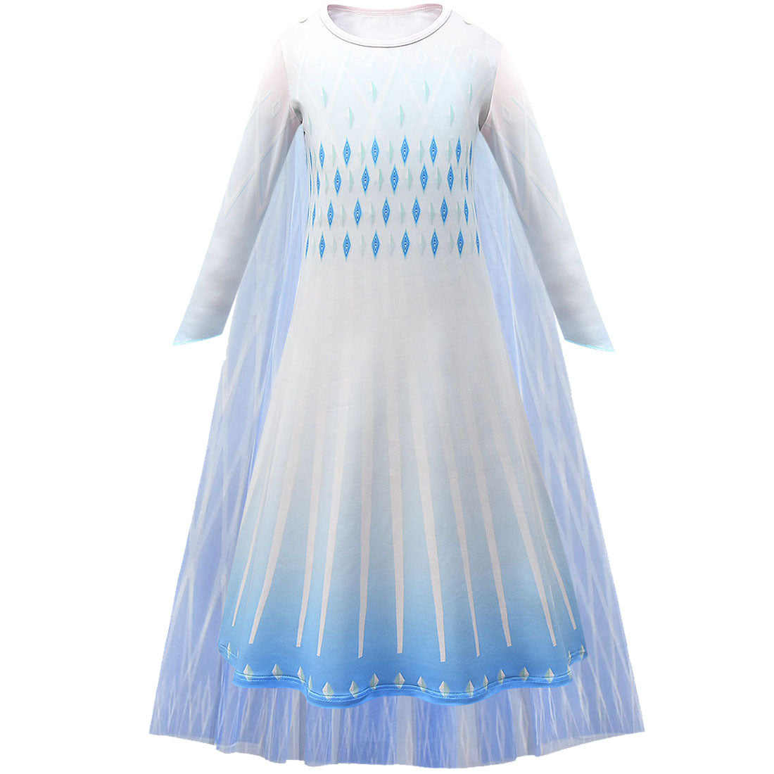 Long-sleeved blue and white children's dress with diamond patterns and a sheer cape, resembling an ice queen costume. The skirt features vertical lines and decorative edges.