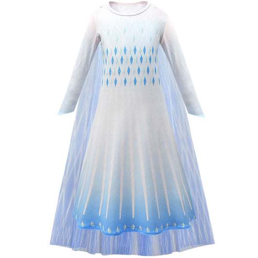 Long-sleeved blue and white children's dress with diamond patterns and a sheer cape, resembling an ice queen costume. The skirt features vertical lines and decorative edges.