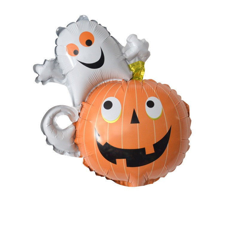 A festive Halloween balloon set featuring a smiling white ghost and a jack-o'-lantern with a wide grin. The ghost peeks playfully over the orange pumpkin, both with cartoon-style faces. The balloons have a shiny, inflated appearance, perfect for a spooky celebration.