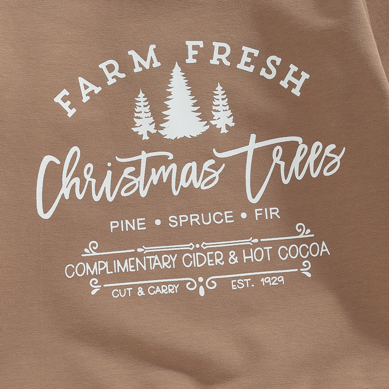 Brown fabric with white text: "Farm Fresh Christmas Trees, Pine, Spruce, Fir. Complimentary cider & hot cocoa, cut & carry, est. 1929." Features tree illustrations.