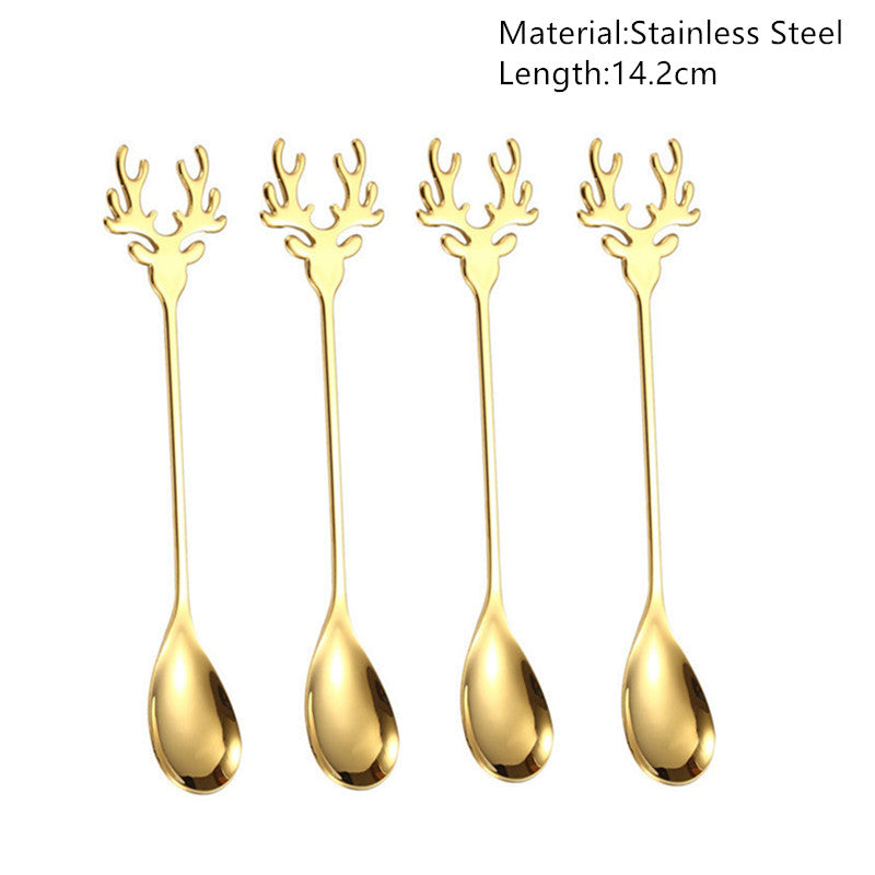 Four gold-colored stainless steel spoons with intricate antler-shaped handles, each 14.2 cm long, arranged vertically against a white background.