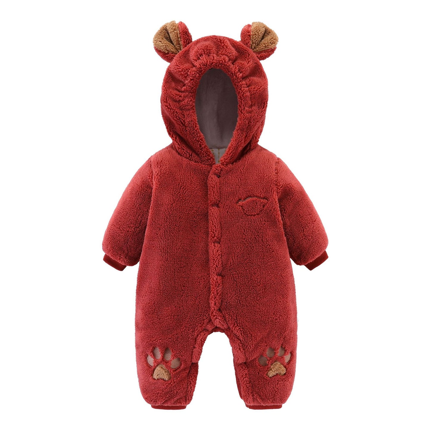 Red baby onesie with bear ears on the hood, paw prints on the feet, and a small embroidered bear face on the chest. Made from soft, plush fabric.