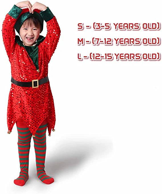 Child wearing a red sequined elf costume with green accents and striped tights, smiling and forming a heart above their head. Text indicates size options for ages 3-15.