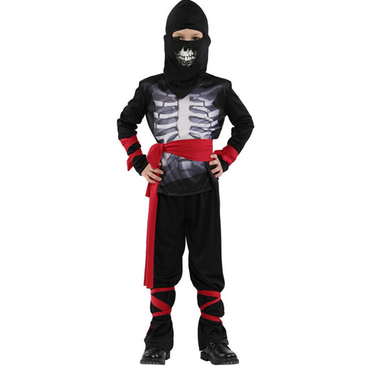 Child in a black ninja costume with a skeleton design, wearing a red sash and arm ties. The face is covered with a skull-printed mask.