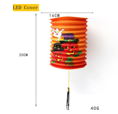 Orange accordion-style paper lantern with Halloween theme, featuring pumpkins and ghosts. Dimensions: 16cm diameter, 20cm height. Weighs 40g. Labelled as "LED Cover."