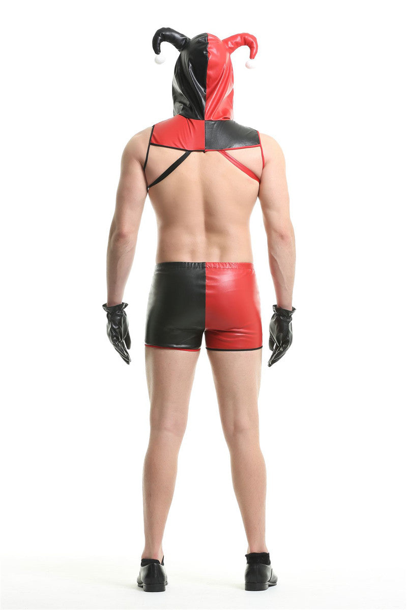 Man in a red and black jester costume with hood and gloves, standing with his back to the camera. The outfit features split colors and leather-like fabric.