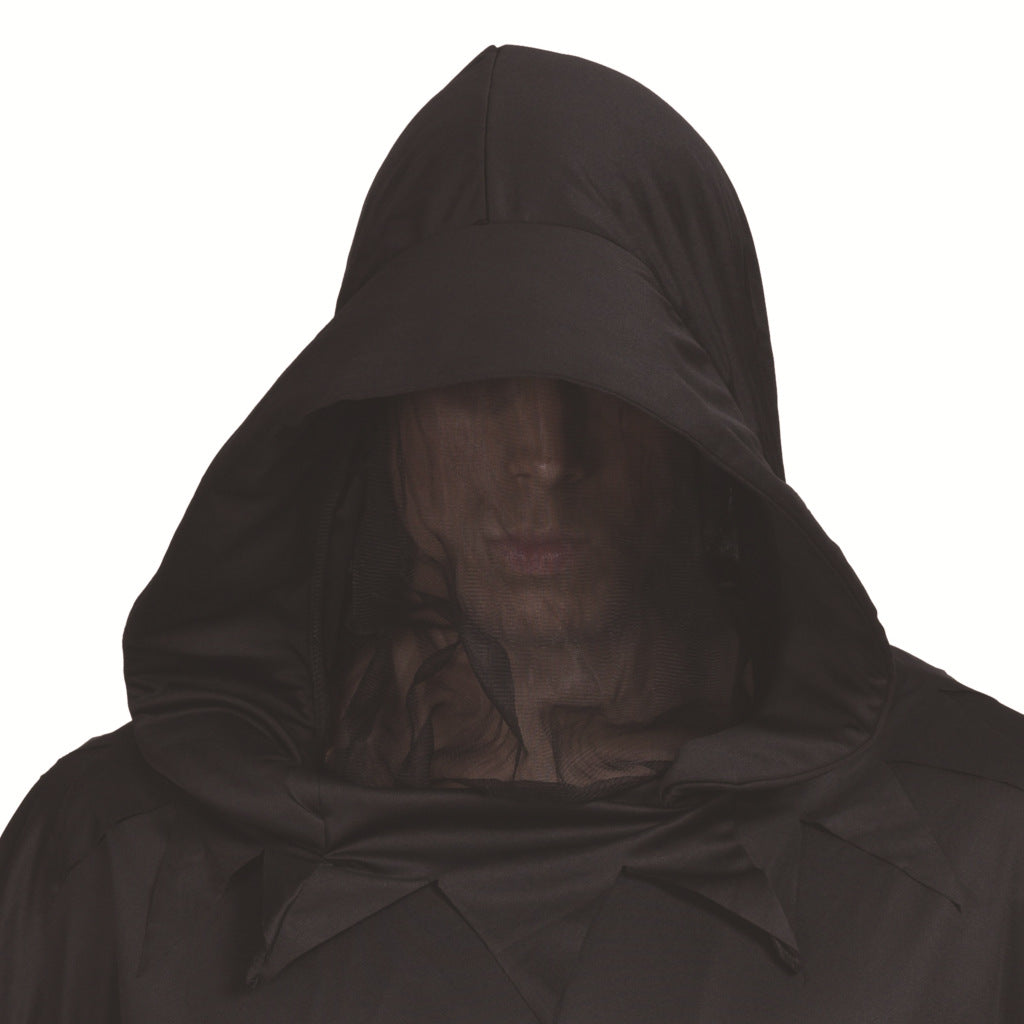 Person in a black hooded cloak with a mesh face covering, looking mysterious and shadowed. The cloak is dark and obscures facial details, creating an enigmatic appearance.