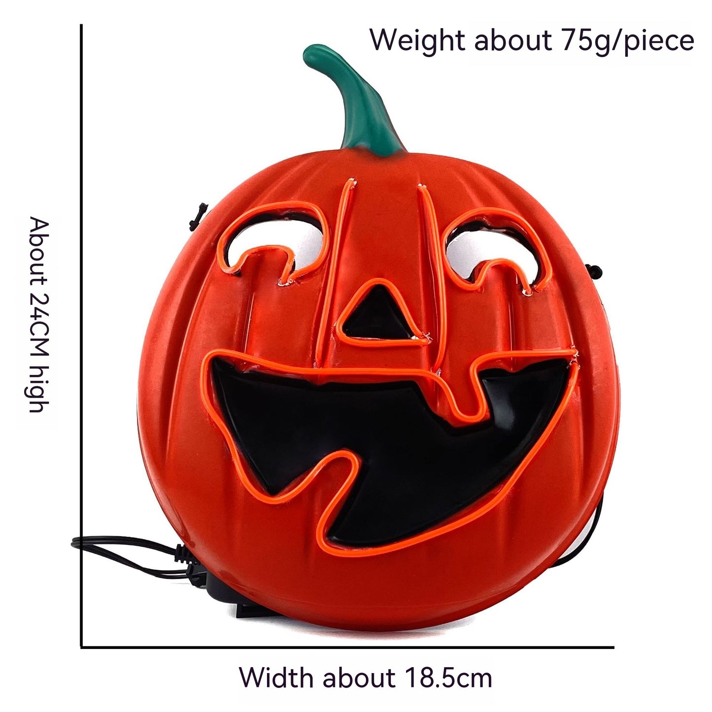 LED pumpkin face light with a green stem, featuring a jolly expression. Dimensions: 24cm height, 18.5cm width; weighs about 75g. Black and orange neon accents.