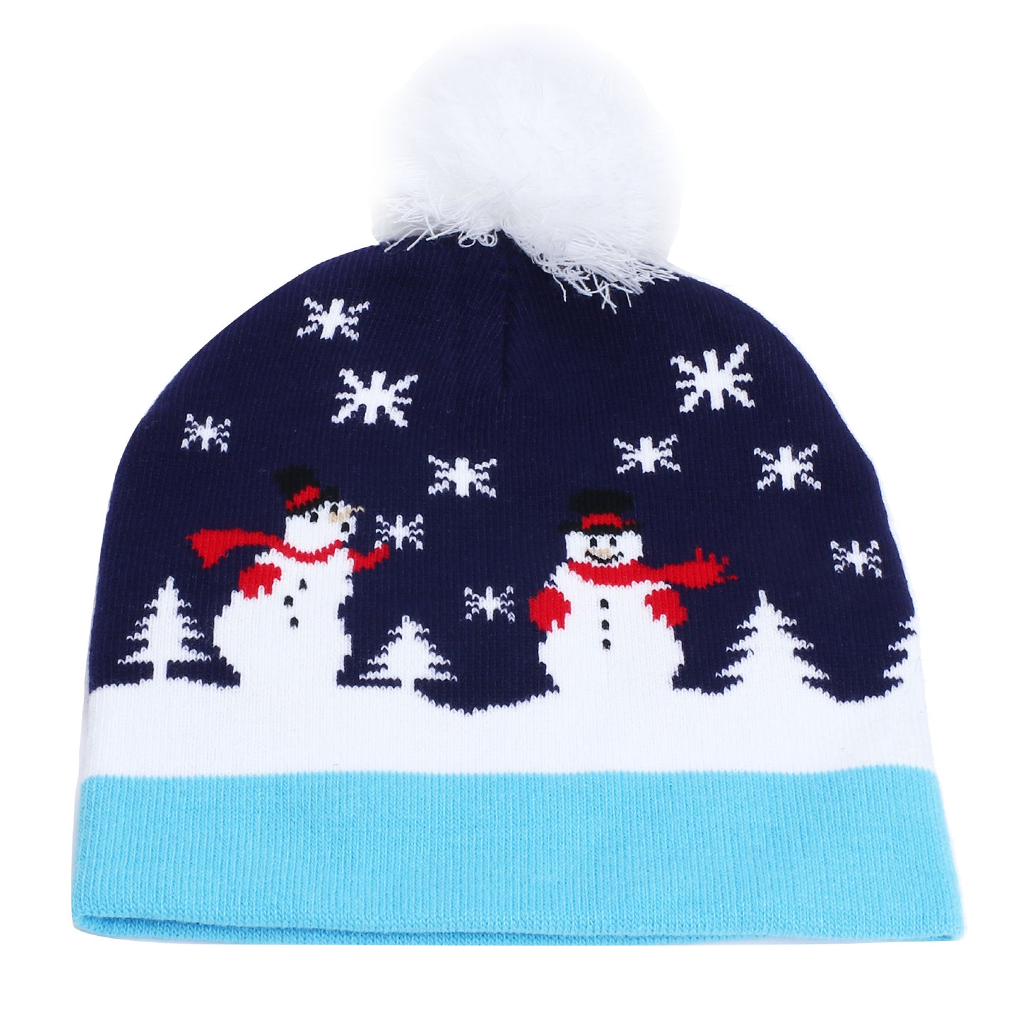 A knitted winter beanie with a fluffy pom-pom, featuring snowmen in red scarves and black hats, surrounded by snowflakes and trees, set against a white and blue background.