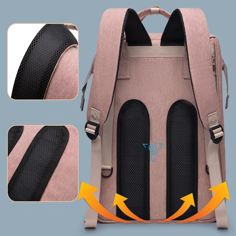 Pink backpack with ergonomic, black mesh-padded straps and back support for ventilation. Two close-up inserts show the padded areas, with arrows indicating airflow.