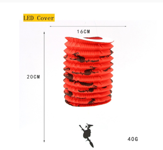 Red paper lantern with black witch cutouts, labeled "LED Cover." Dimensions are 16cm wide and 20cm high. Total weight is 40g.