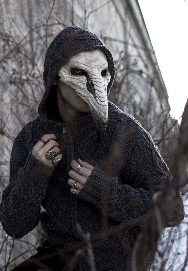 Person in intricate bird-like mask and dark knit hoodie, wearing multiple rings, stands amidst barren branches. The setting appears wintery and mysterious.