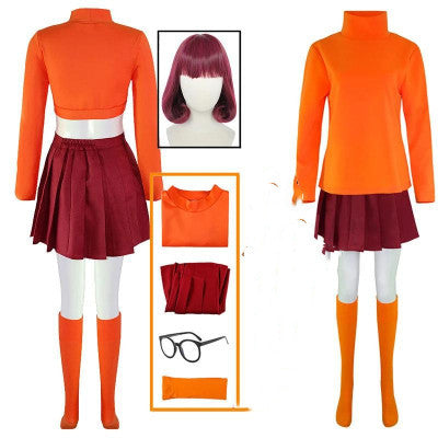 Orange turtleneck top and knee-high socks, paired with a maroon pleated skirt. Includes a short bob wig, black-framed glasses, and accessories shown on mannequins.