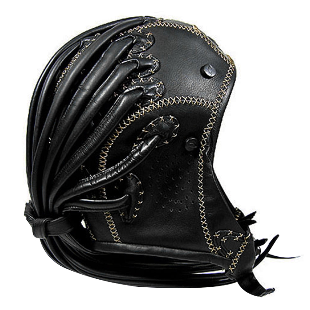 Black leather helmet with cream stitching, featuring unique, ribbed design elements resembling dreadlocks on the sides and back, giving it a futuristic, artistic appearance.