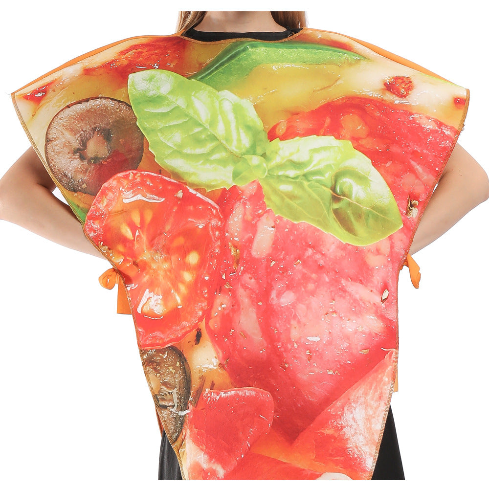 A person wearing a pizza slice costume featuring vivid images of tomatoes, basil leaves, and mushrooms. The large, colorful toppings create a striking visual on the triangular outfit, reflecting a classic pizza design. The person stands with arms outstretched, partially visible behind the costume.