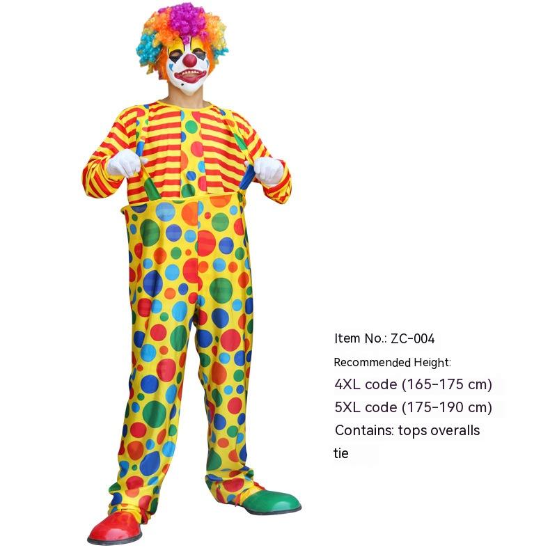 Clown in colorful costume with striped shirt, polka dot overalls, and rainbow wig. Includes size info, recommended heights for 4XL and 5XL. Bright wig, red nose, and big shoes.