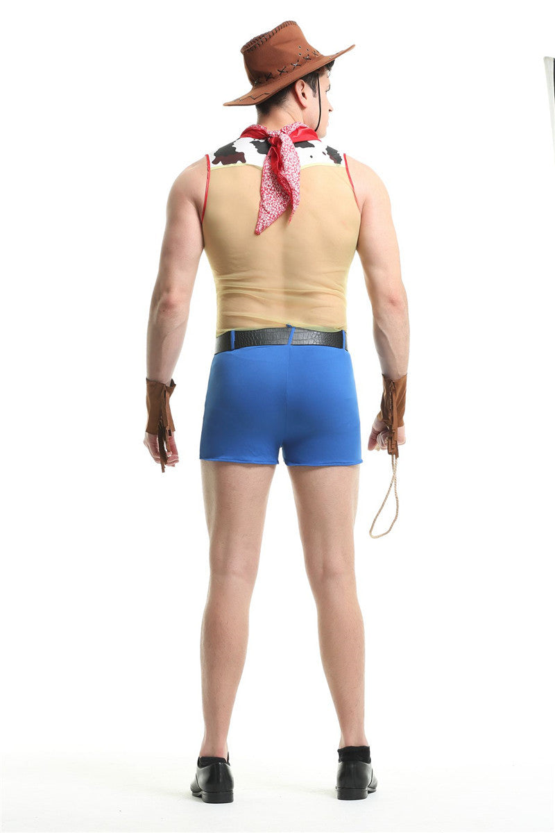 Person in a cowboy-themed outfit with a brown hat, red bandana, beige sleeveless top, blue shorts, brown gloves, holding a lasso, standing on a white background.