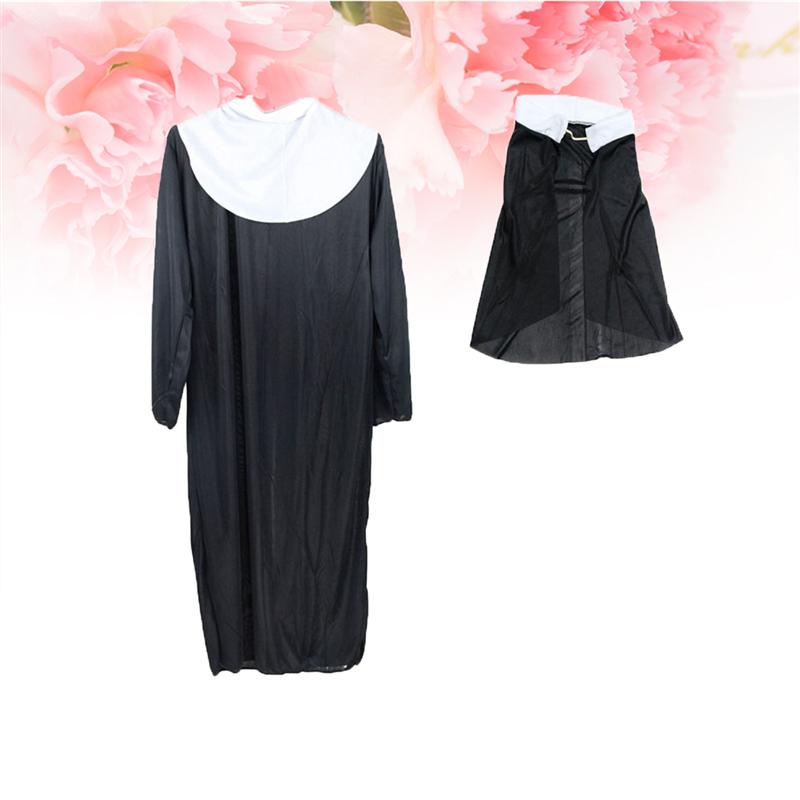 Long-sleeved black robe with a white collar displayed against a background of soft pink flowers; inset shows a black cape with a raised collar.