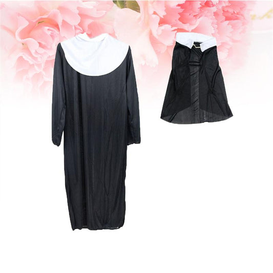 Long-sleeved black robe with a white collar displayed against a background of soft pink flowers; inset shows a black cape with a raised collar.