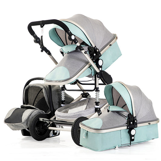 Gray and teal convertible baby stroller with adjustable seating and accessories, including a car seat and bassinet. Suitable for newborns and toddlers.