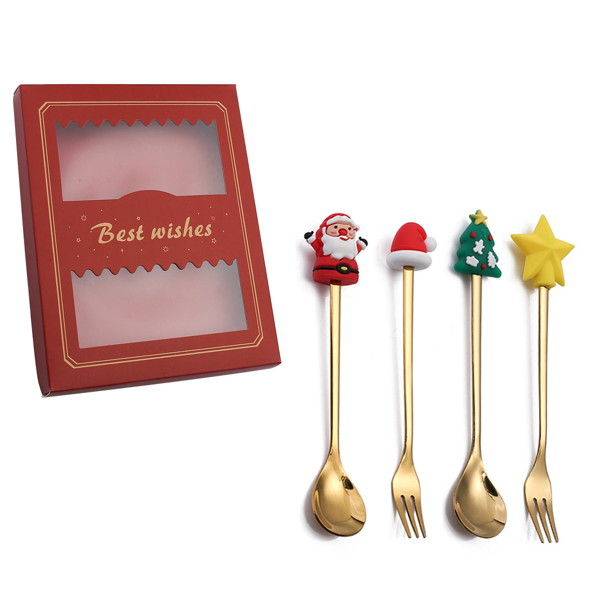Set of four gold dessert forks with festive tops: Santa, Santa hat, Christmas tree, and star. Comes in a red gift box labeled "Best wishes" with a clear window.