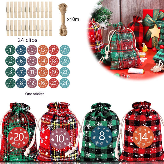 Holiday-themed drawstring bags numbered 1-24, surrounded by decorative clips and twine. Bags feature plaid prints and snowflakes, set against a festive background with gifts.