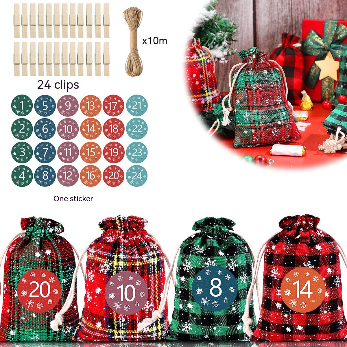 Set of plaid gift bags for an advent calendar, with 24 numbered stickers, 24 clips, and 10m of twine. Bags in red, green, and multicolor patterns with festive decorations.