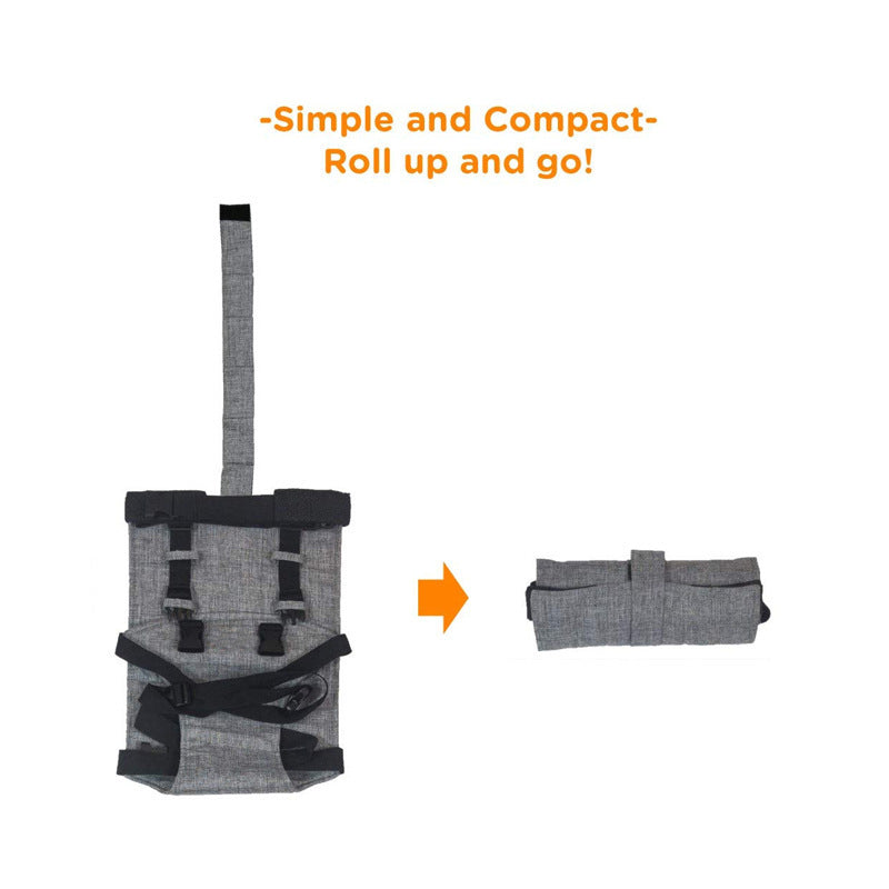 Gray fabric organizer with straps, shown unfolded and rolled up. Text above reads "Simple and Compact - Roll up and go!" with an arrow indicating the transformation.