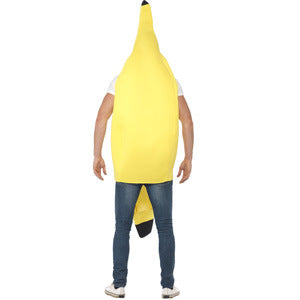 Person wearing a yellow banana costume over a white shirt and blue jeans, viewed from the back. The costume features a pointed top and a small black tip at the bottom.