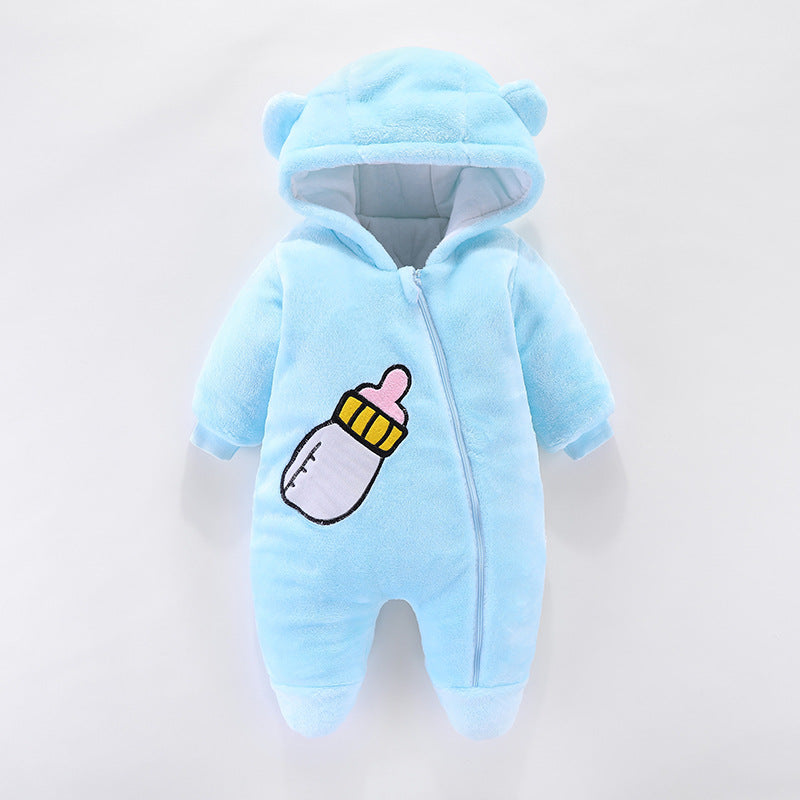 Light blue infant onesie with a hood and bear ears, featuring a cute baby bottle design on the front. The onesie has a front zip for easy dressing.