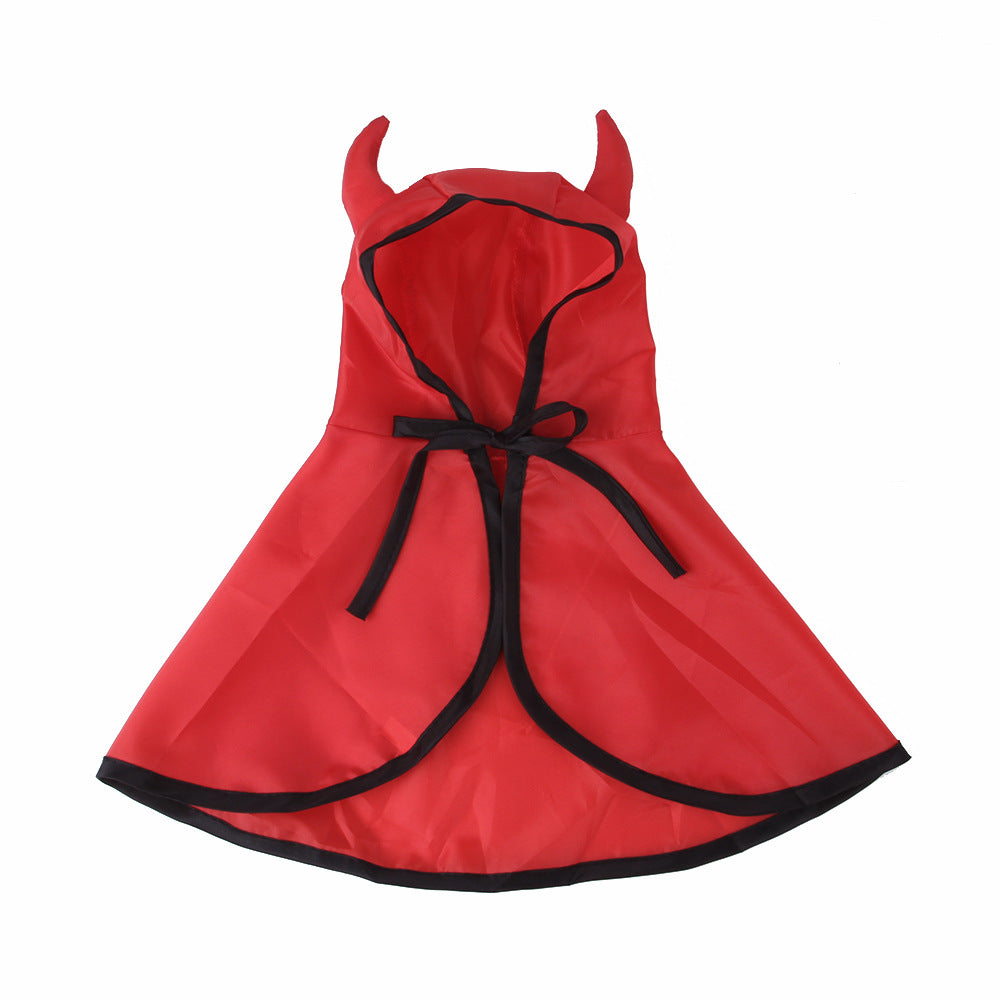 Red devil costume dress with a hood featuring horns, black trim, and a bow at the front. Skirt has a slight flare, giving it a playful, costume-like appearance.