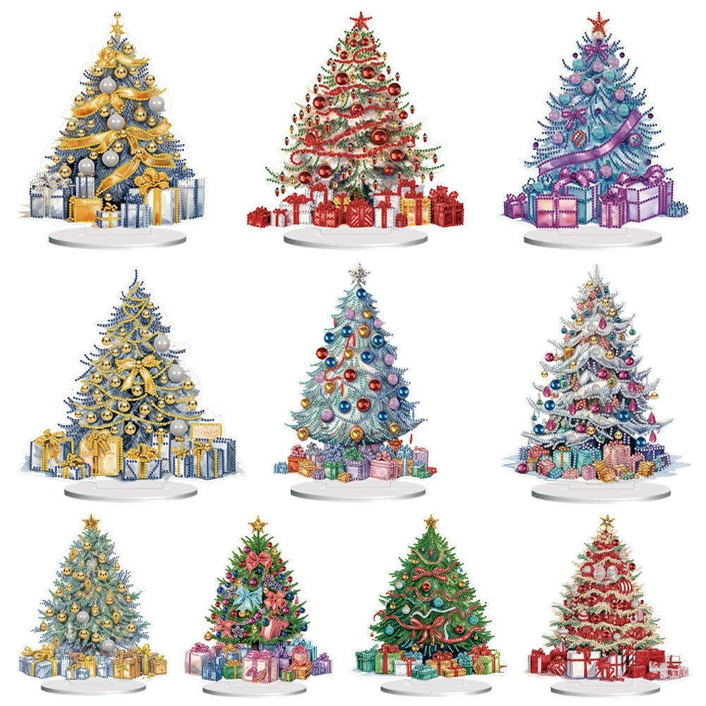 Nine decorated Christmas trees in different themes with various ornaments and gifts at their bases, arranged in a grid. Each tree has unique color schemes and decorations.