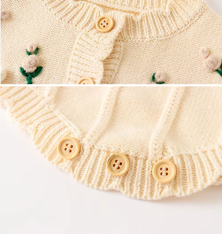 Close-up of a cream-colored knit cardigan, featuring wooden buttons and small, embroidered flowers in green and pink. The knit texture and button detail are prominently displayed.