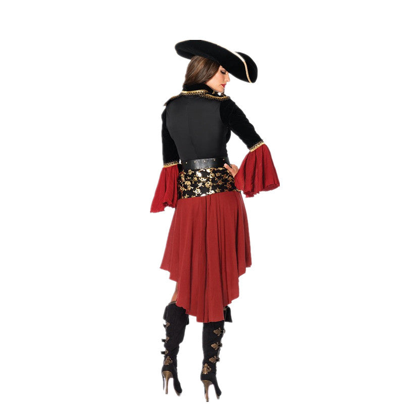 Woman in pirate costume with a black tricorn hat, long black jacket with gold trim, red flared sleeves, red skirt, wide belt with lace skulls, and black knee-high boots.