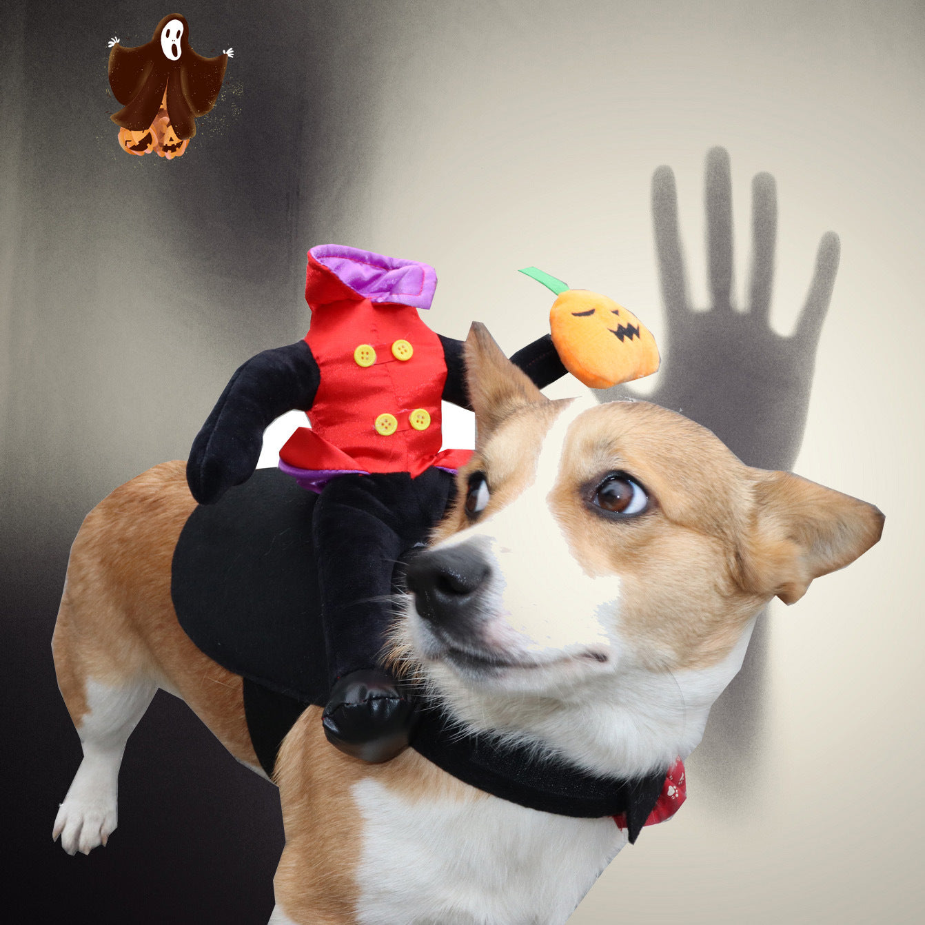 A dog wearing a headless horseman costume with a pumpkin in its hand. A ghost decoration is in the background, alongside a spooky hand shadow on the wall.