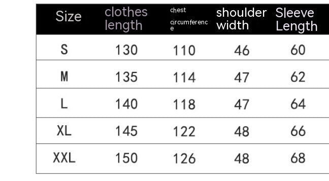 Size chart for clothes: S-XXL. Lengths: 130-150. Chest: 110-126. Shoulders: 46-48. Sleeves: 60-68.