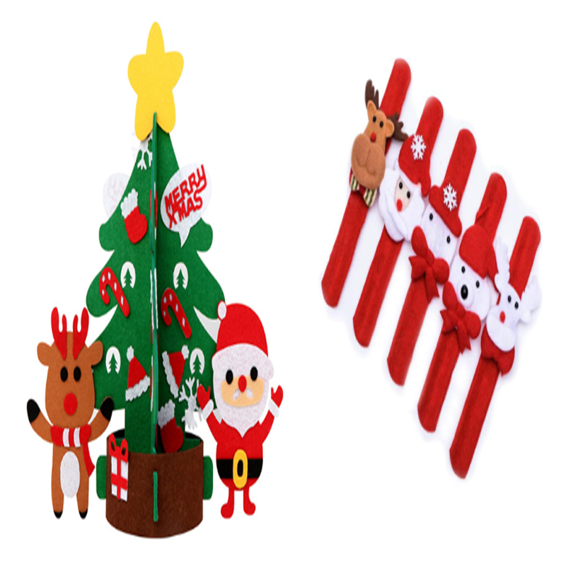 Festive felt crafts: green Christmas tree with reindeer, candy canes, and Santa, paired with four red slap bracelets featuring reindeer, Santa, snowman, and polar bear faces.