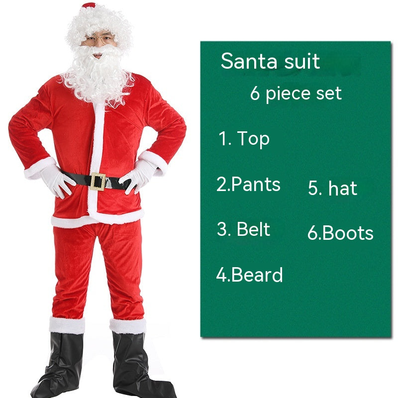 Santa suit with six pieces: top, pants, belt, beard, hat, and boots. Model wearing the red and white costume, standing with hands on hips.