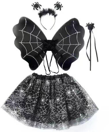 Black costume set with spiderweb wings, a tutu skirt embellished with web patterns, a headband featuring spider toppers, and a matching wand. Perfect for Halloween.