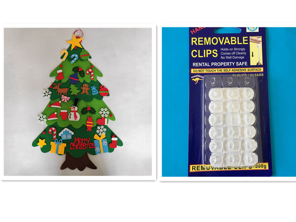 Felt Christmas tree with colorful decorations on the left; package of removable clips on a blue background on the right.