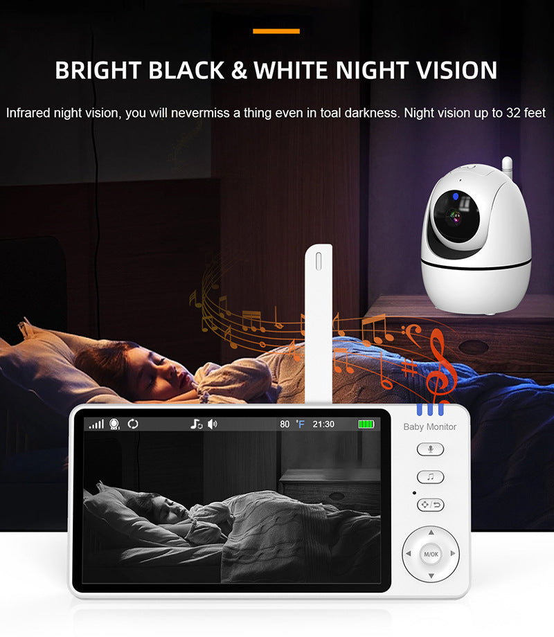 Digital baby monitor display showing a sleeping child in black and white. The text highlights bright black and white night vision. Music notes are overlaid, with a rotating camera nearby.